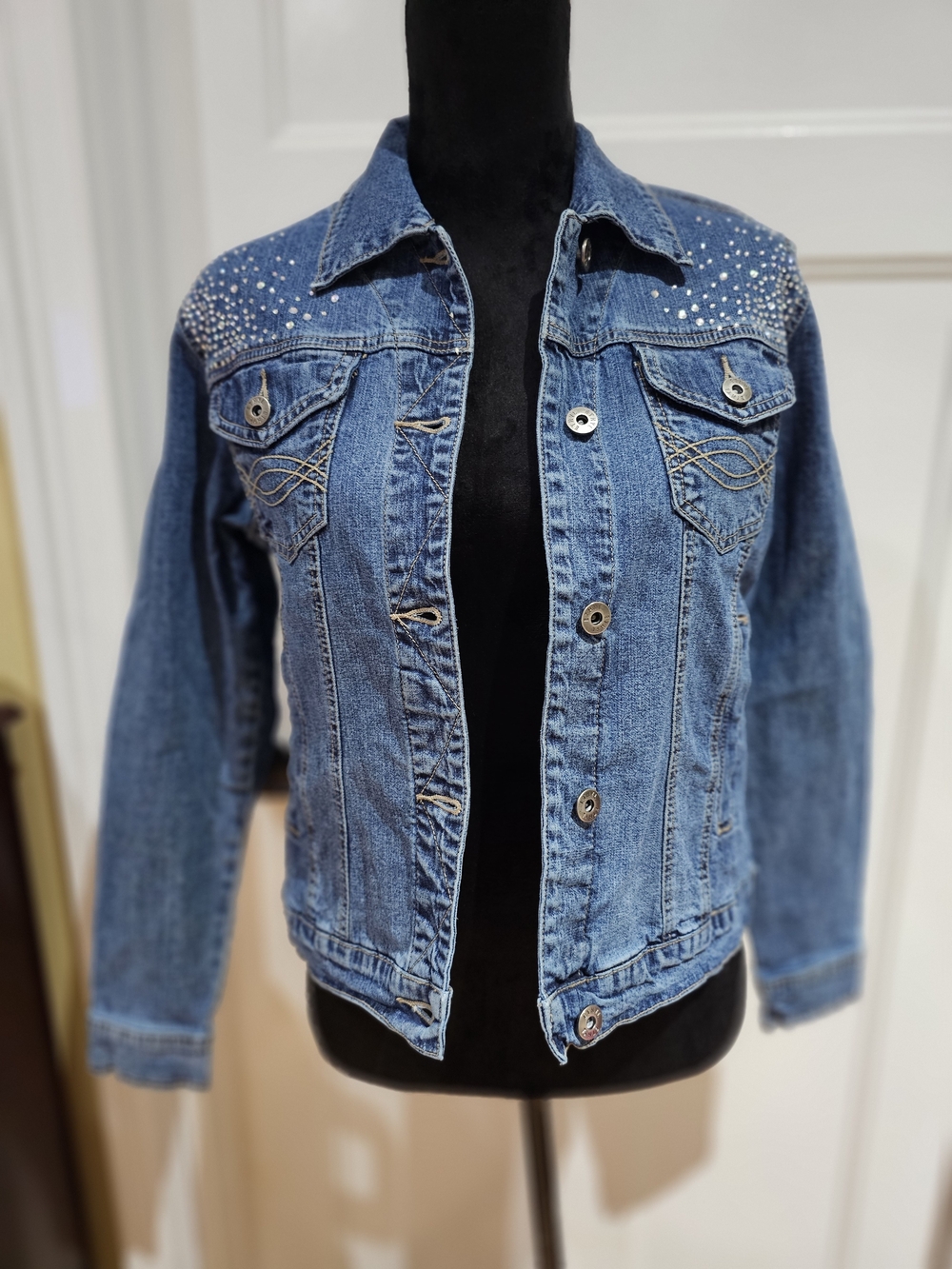 Blue Denim Western Style Jacket With Rhinestone Embellishment for Women